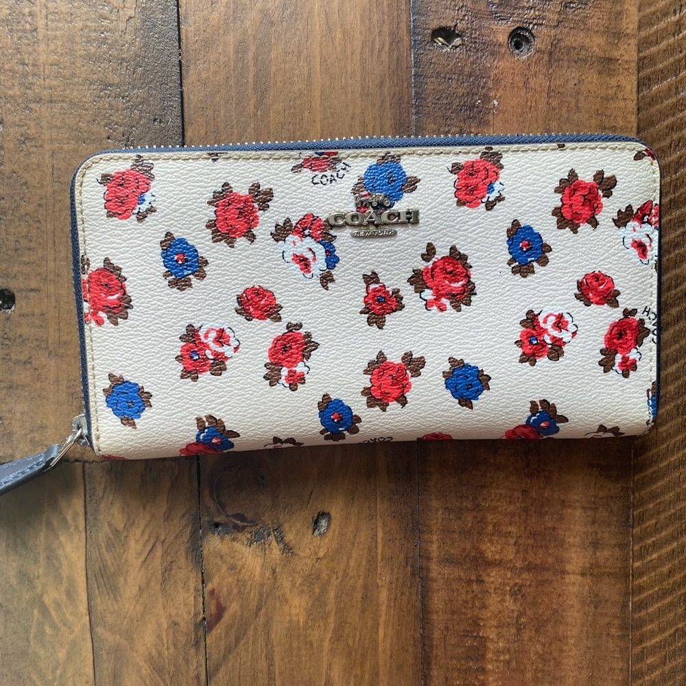 Coach Floral Print Wallet - Red, Blue, Cream